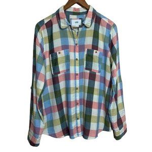 Forever 21 Blouse Windowpane Plaid Button Down Shirt Roll Tab Sleeve Cotton L